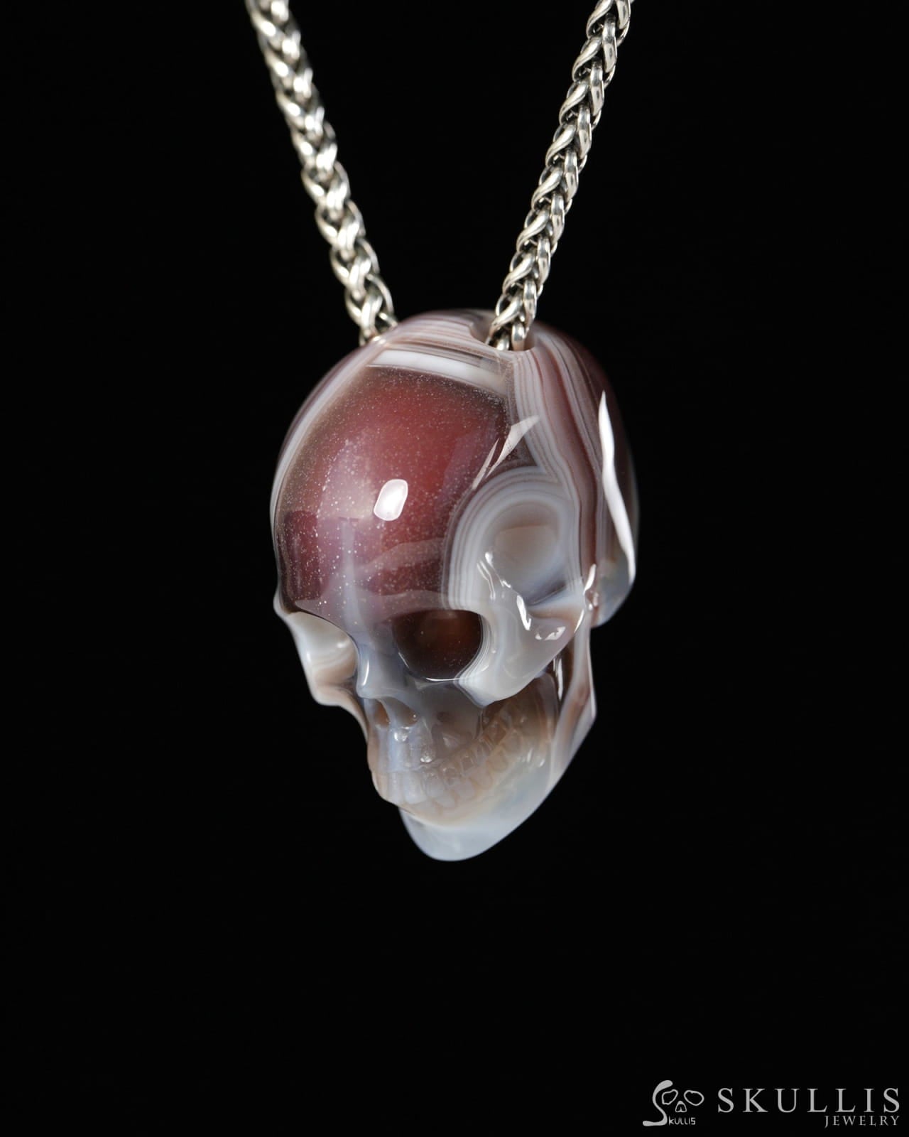 Hollow Essence - Gem Skull Pendant Necklace of Mozambique Agate Carved Hollow Skull - 9900501 - Skull Pendants