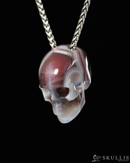 Hollow Essence - Gem Skull Pendant Necklace of Mozambique Agate Carved Hollow Skull - 9900501 - Skull Pendants