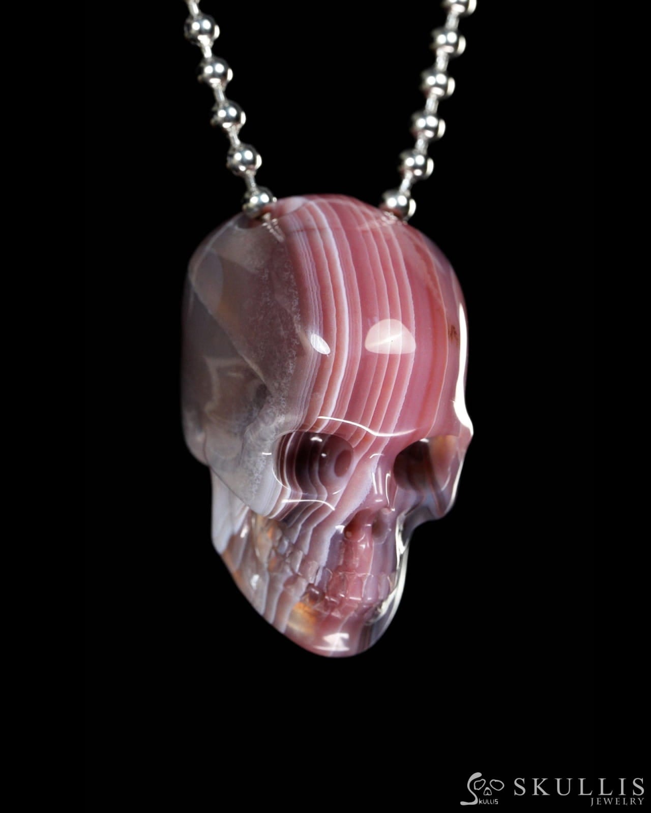 Gem Skull Pendant Necklace of Mozambique Agate Carved Hollow Skull with 925 Silver Chain - 9900091 Skull Pendants