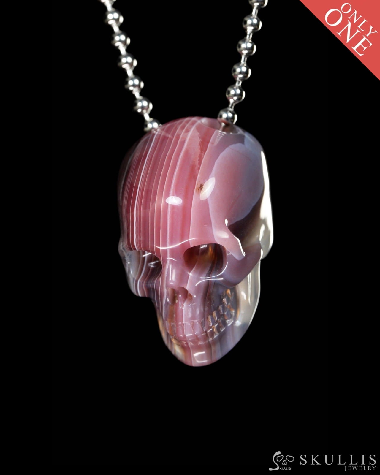 Gem Skull Pendant Necklace of Mozambique Agate Carved Hollow Skull with 925 Silver Chain - 9900091 Skull Pendants