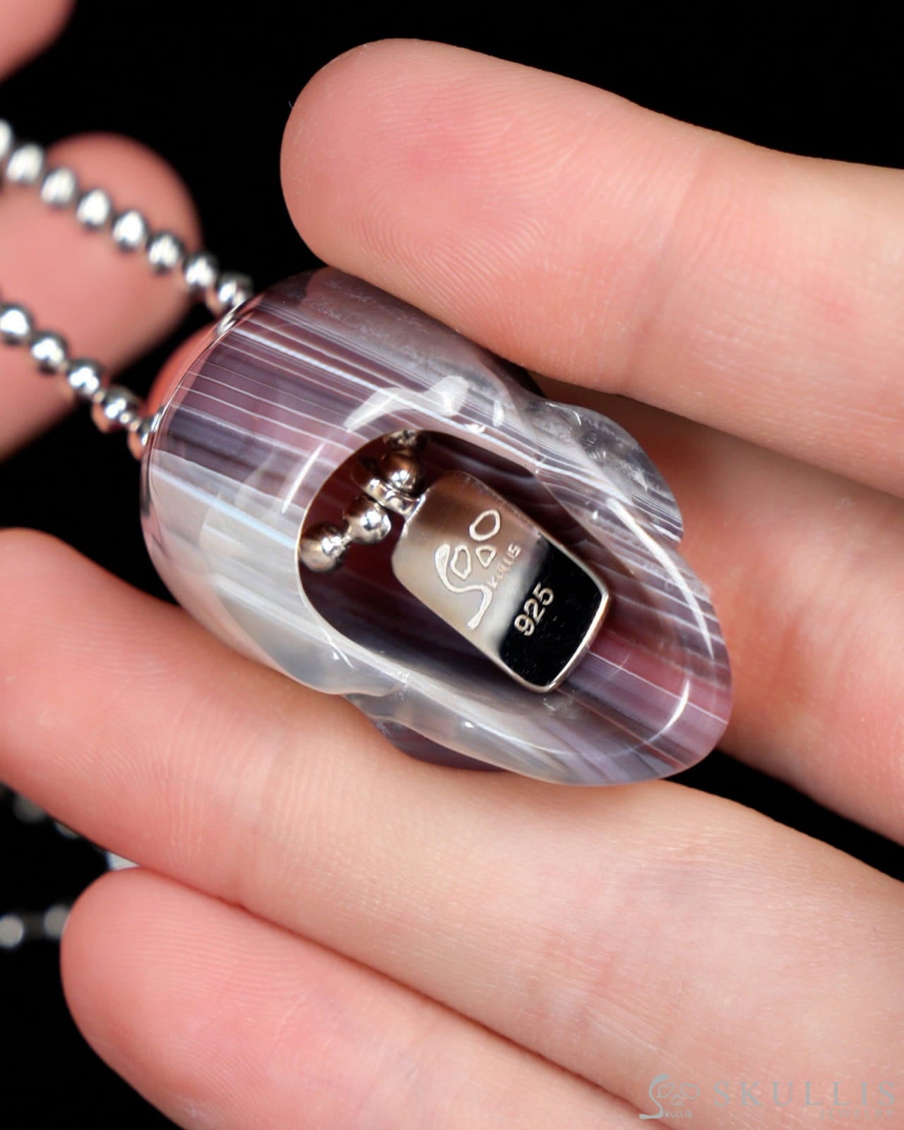 Gem Skull Pendant Necklace of Mozambique Agate Carved Hollow Skull with 925 Silver Chain - 9900091 Skull Pendants