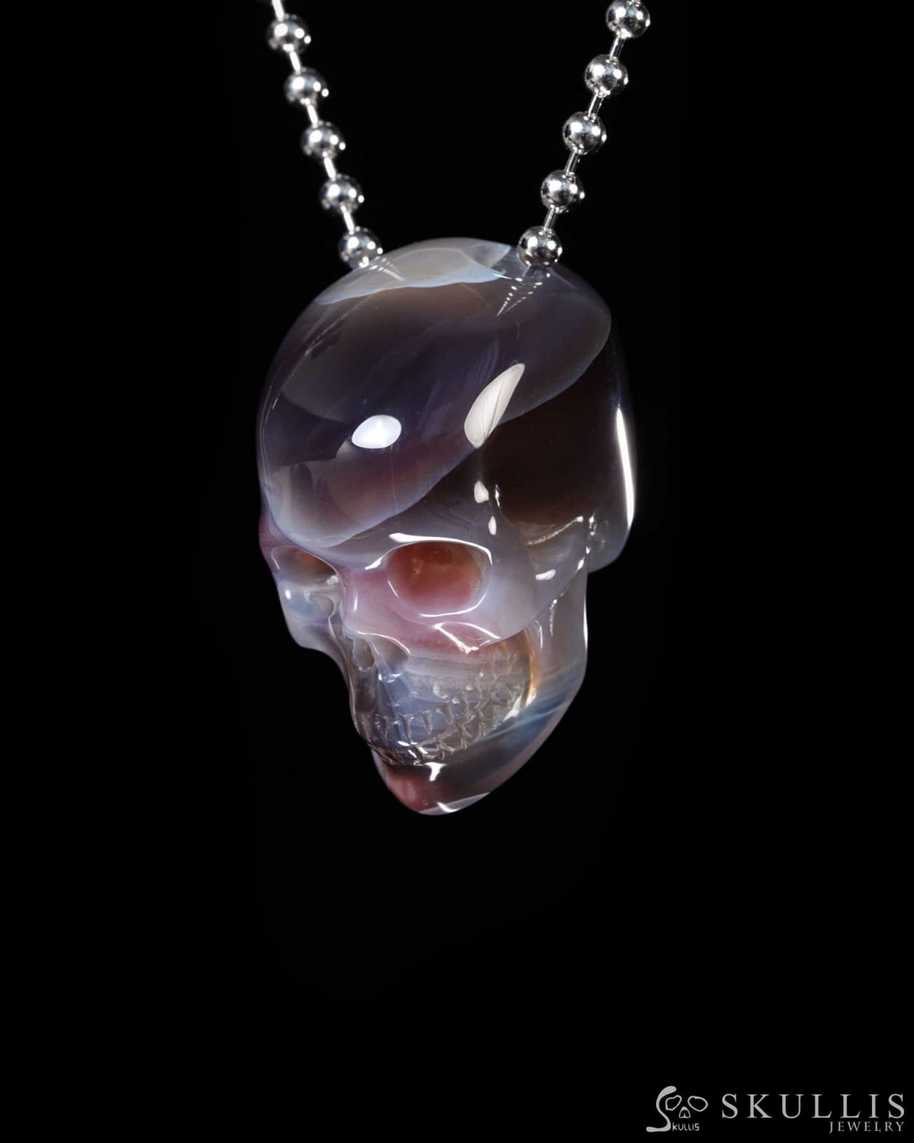 Hollow Essence - Gem Skull Pendant Necklace of Mozambique Agate Carved Hollow Skull - Y9500452 - Skull Pendants