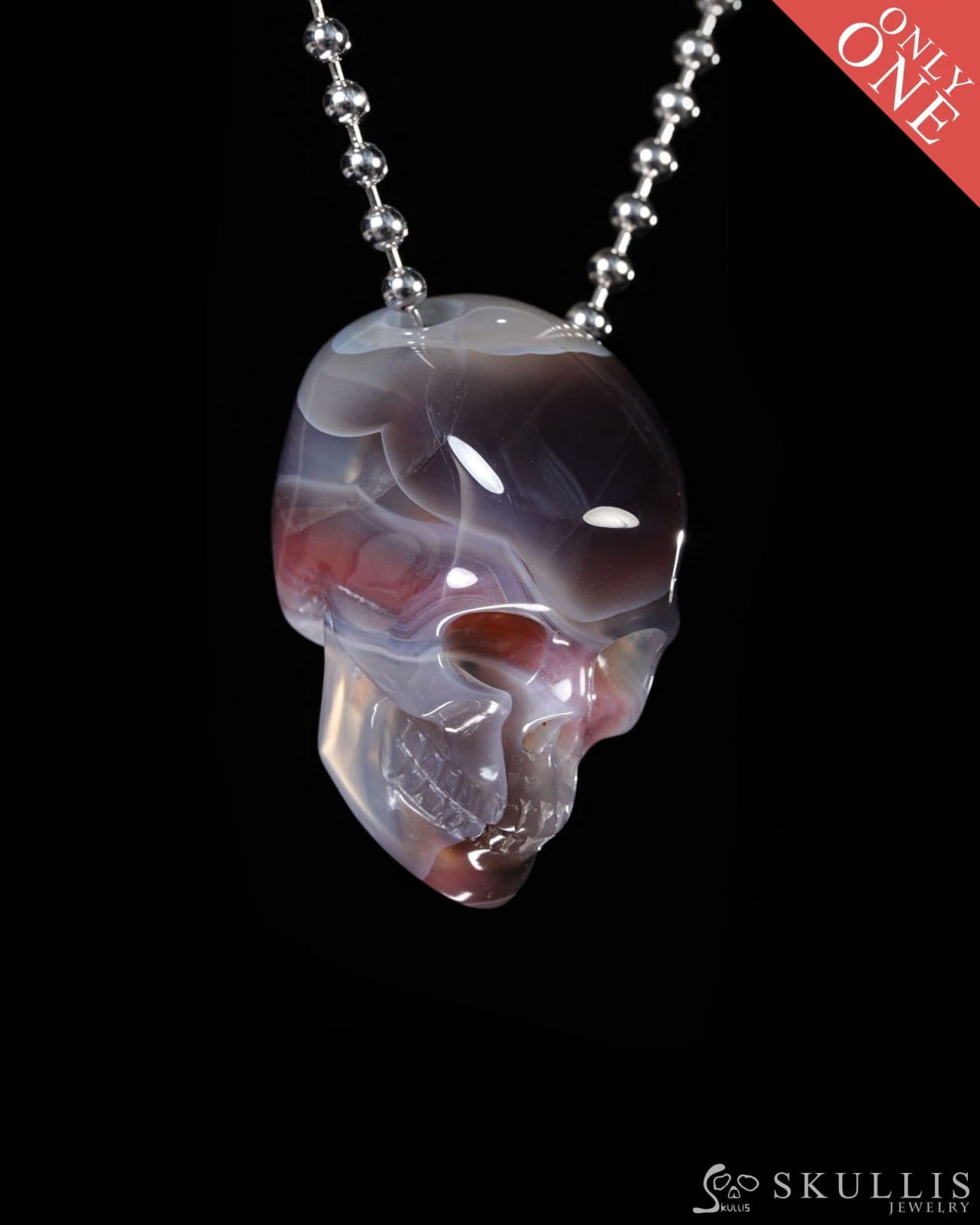 Hollow Essence - Gem Skull Pendant Necklace of Mozambique Agate Carved Hollow Skull - Y9500452 - Skull Pendants