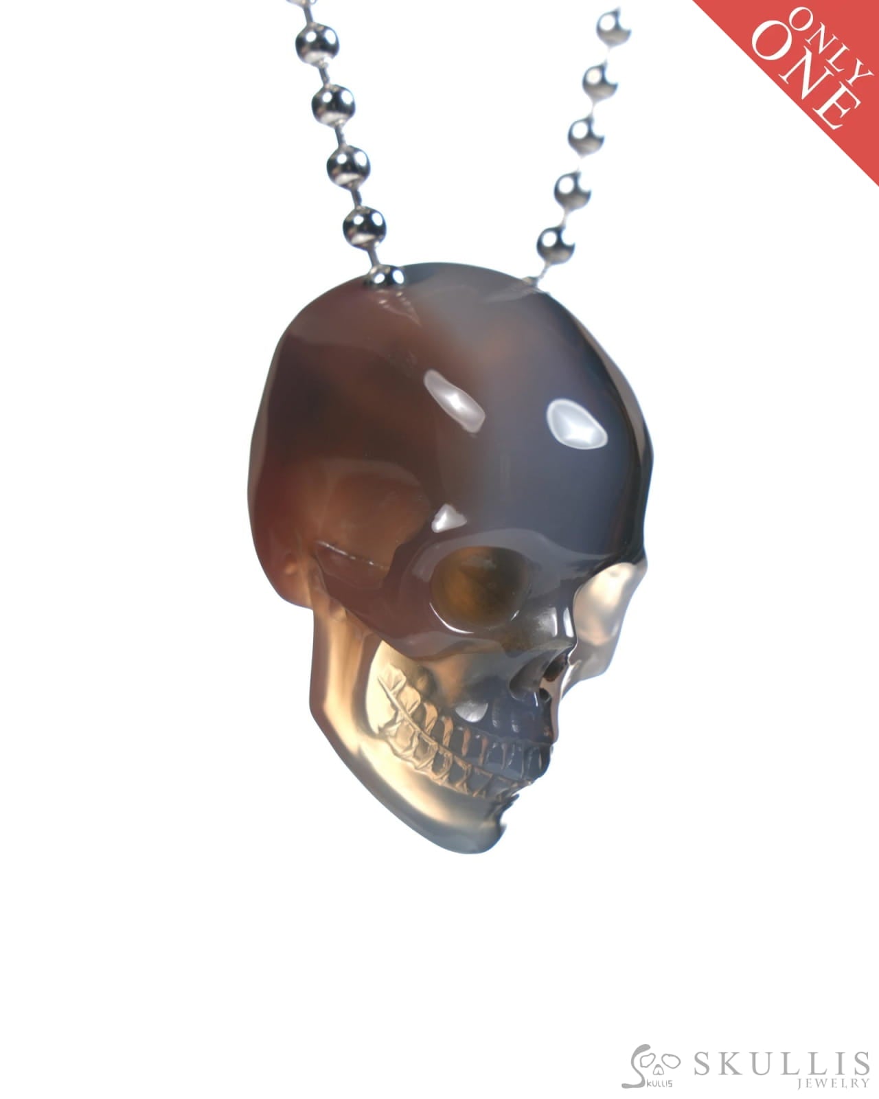 Gem Skull Pendant Necklace of Mozambique Agate Carved Hollow Skull with 925 Silver Chain - ZR19900063 Skull Pendants