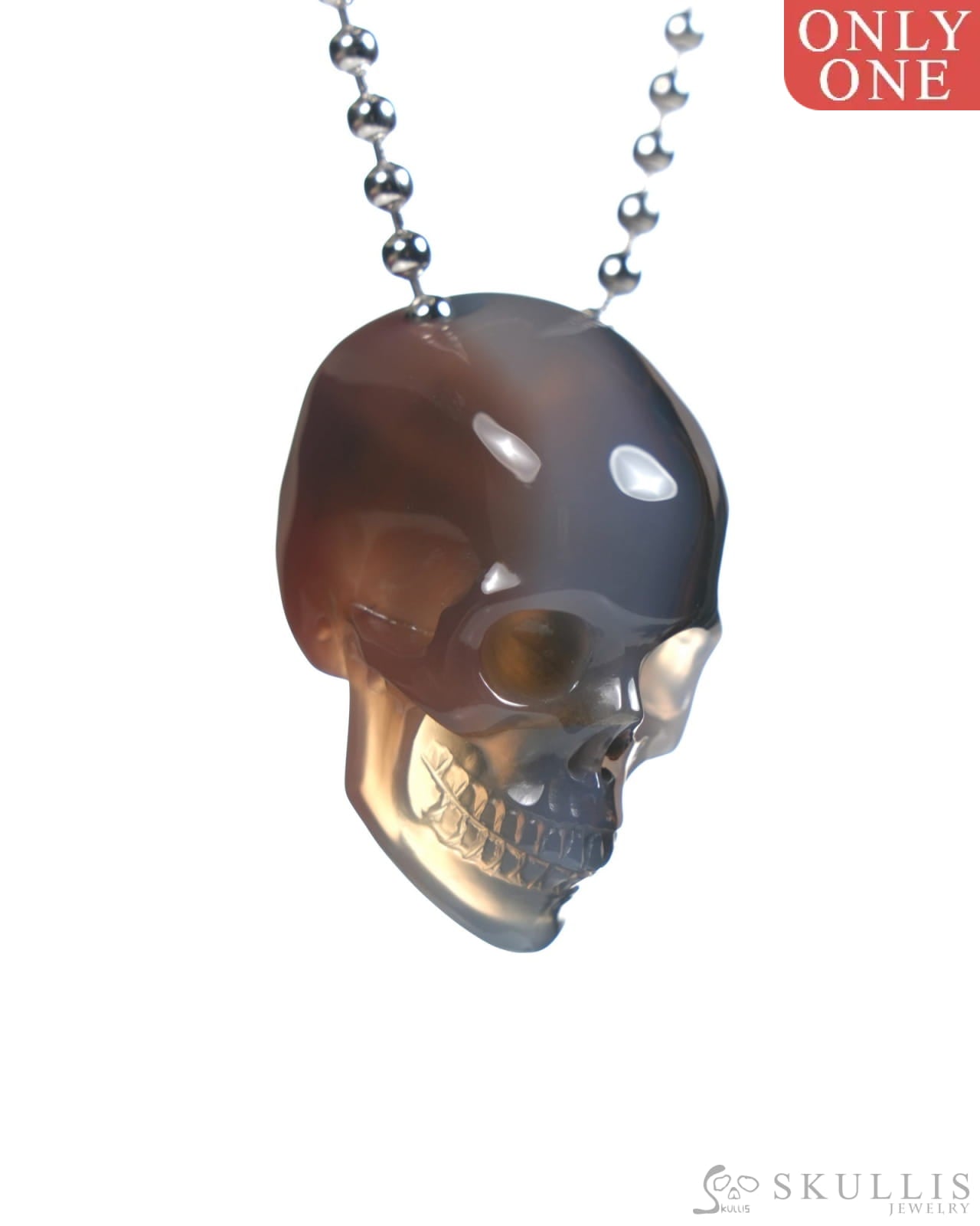 Gem Skull Pendant Necklace of Mozambique Agate Carved Hollow Skull with 925 Silver Chain - ZR19900063 Skull Pendants