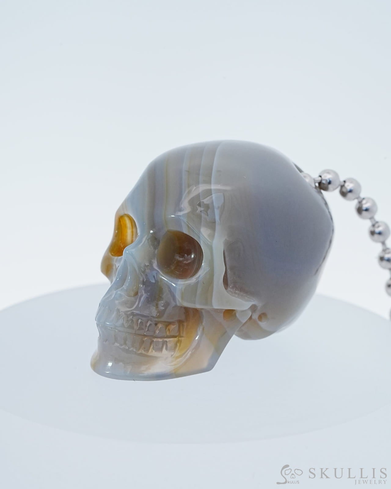 Gem Skull Pendant Necklace of Premium Brazilian Agate Carved Hollow Skull with 925 Sterling Silver Chain - 9800145