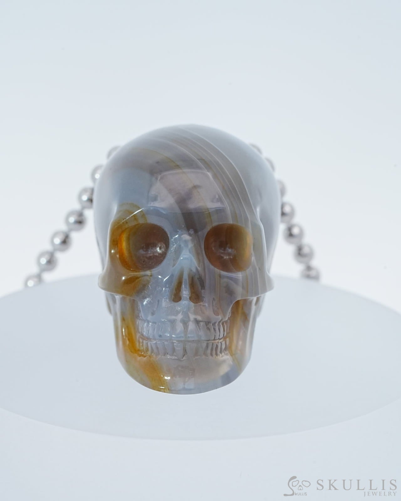 Gem Skull Pendant Necklace of Premium Brazilian Agate Carved Hollow Skull with 925 Sterling Silver Chain - 9800145