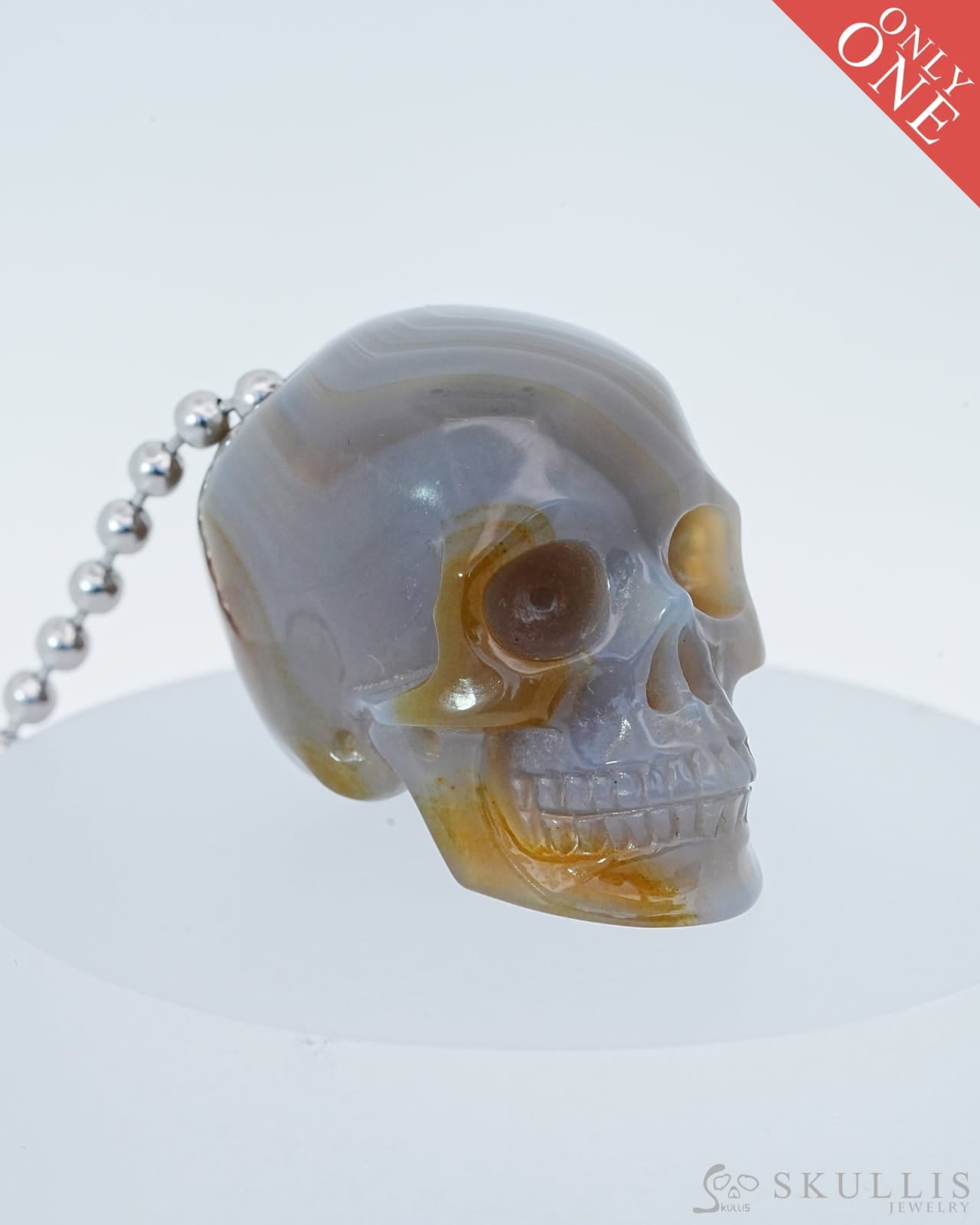 Gem Skull Pendant Necklace of Premium Brazilian Agate Carved Hollow Skull with 925 Sterling Silver Chain - 9800145