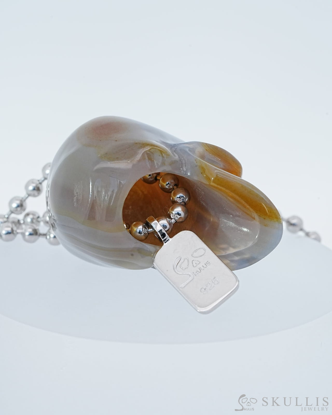 Gem Skull Pendant Necklace of Premium Brazilian Agate Carved Hollow Skull with 925 Sterling Silver Chain - 9800145
