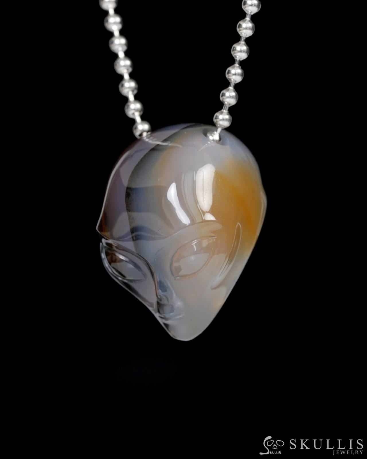 Hollow Essence - Gem Skull Pendant Necklace of Agate Carved Hollow Alien - 9900221 - Skull Pendants