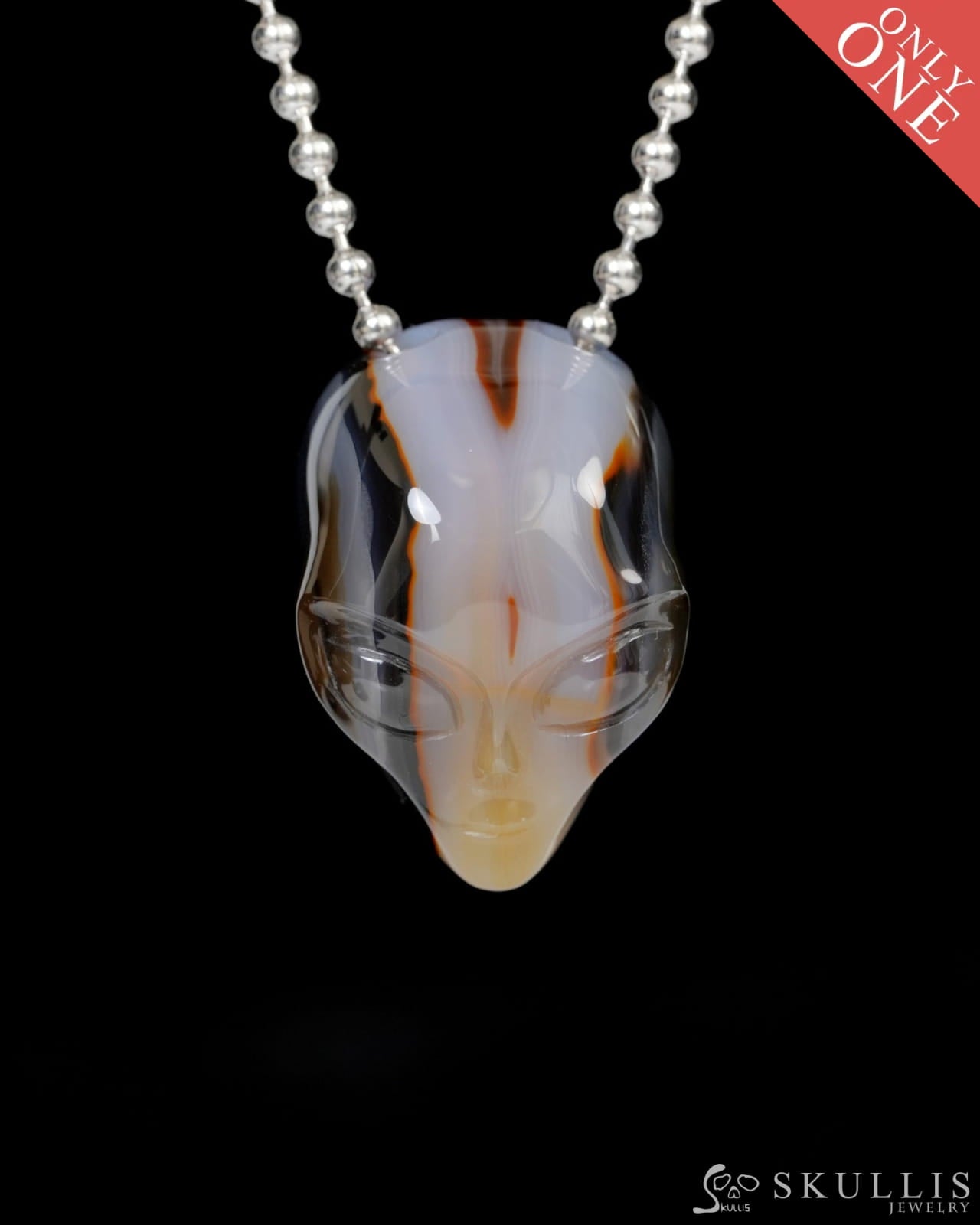 Hollow Essence - Gem Skull Pendant Necklace of Agate Carved Hollow Alien - 9900223 - Skull Pendants