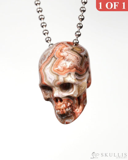Gem Skull Pendant Necklace of Red Crazy Lace Agate Carved Hollow Skull with 925 Silver Chain - 9900178 Skull Pendants