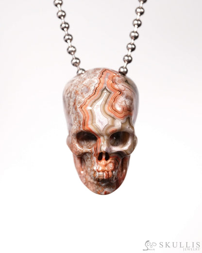 Gem Skull Pendant Necklace of Red Crazy Lace Agate Carved Hollow Skull with 925 Silver Chain - 9900178 Skull Pendants