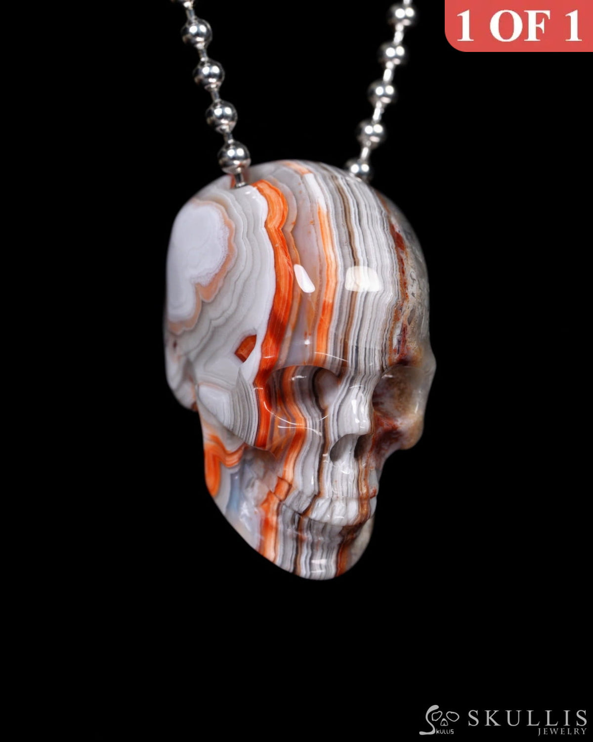 Gem Skull Pendant Necklace of Red Crazy Lace Agate Carved Hollow Skull with 925 Silver Chain - 9900278 - Skull Pendants