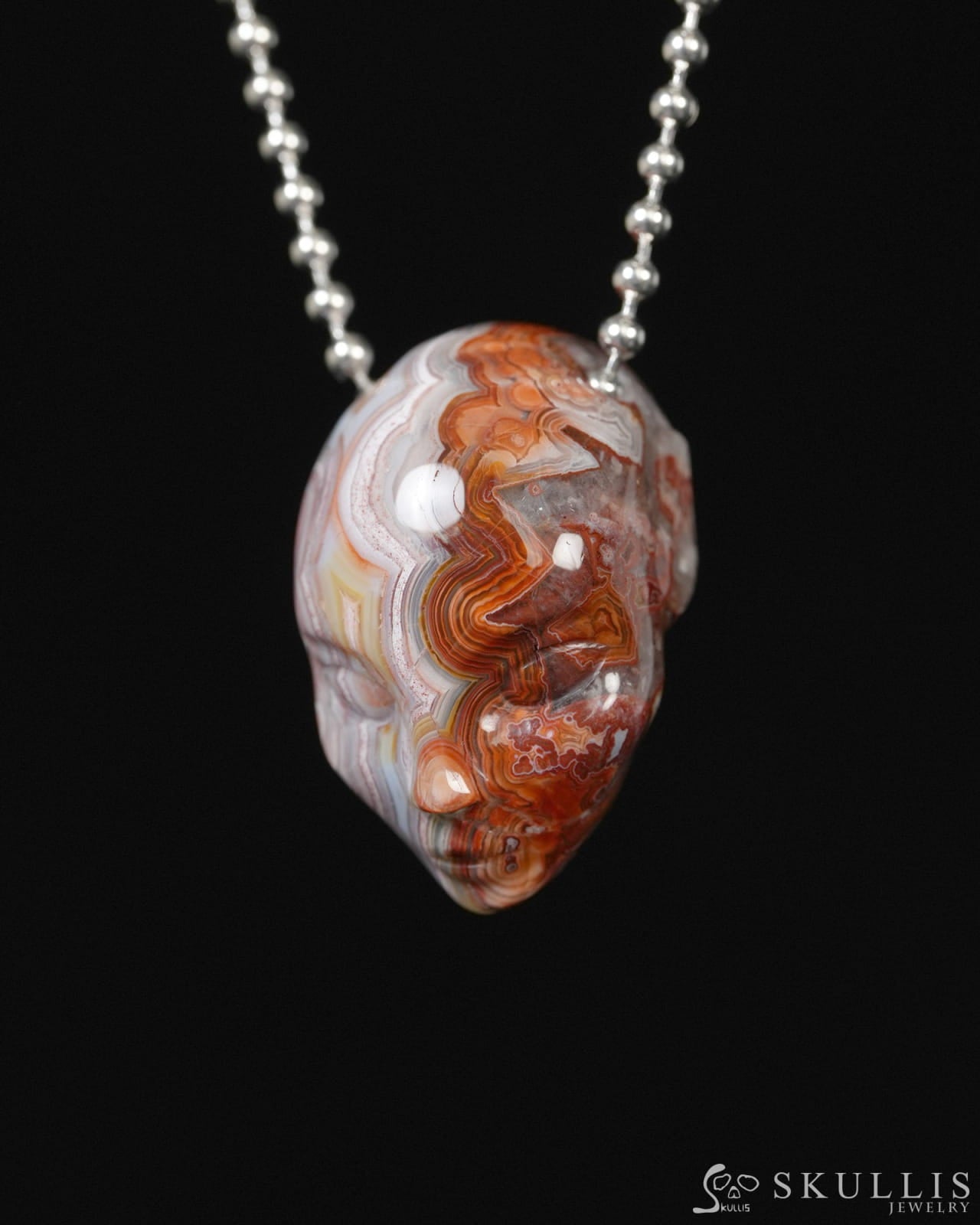 Hollow Essence - Gem Skull Pendant Necklace of Red Crazy Lace Agate Carved Hollow Elf - ZR19900282 - Skull Pendants