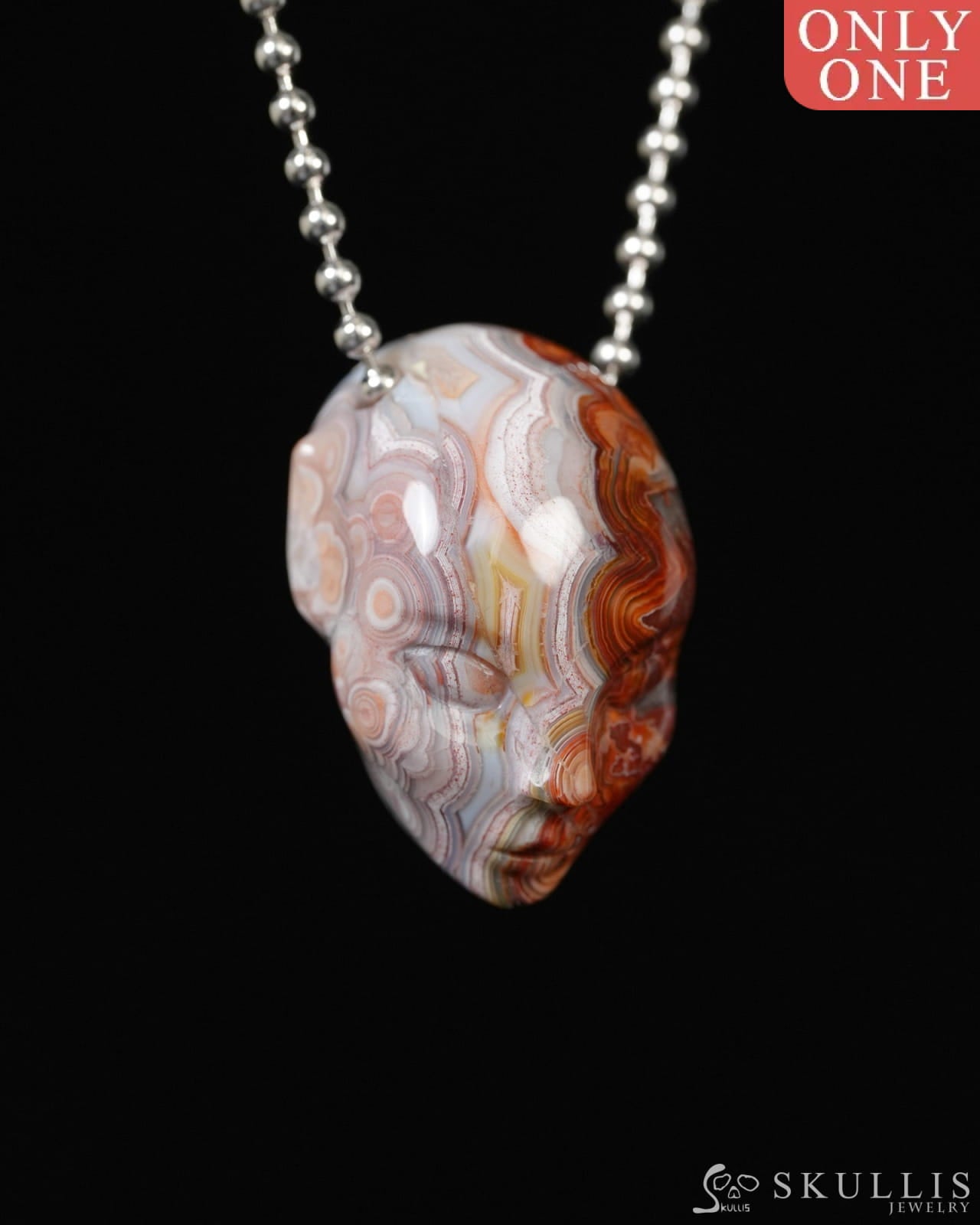 Hollow Essence - Gem Skull Pendant Necklace of Red Crazy Lace Agate Carved Hollow Elf - ZR19900282 - Skull Pendants