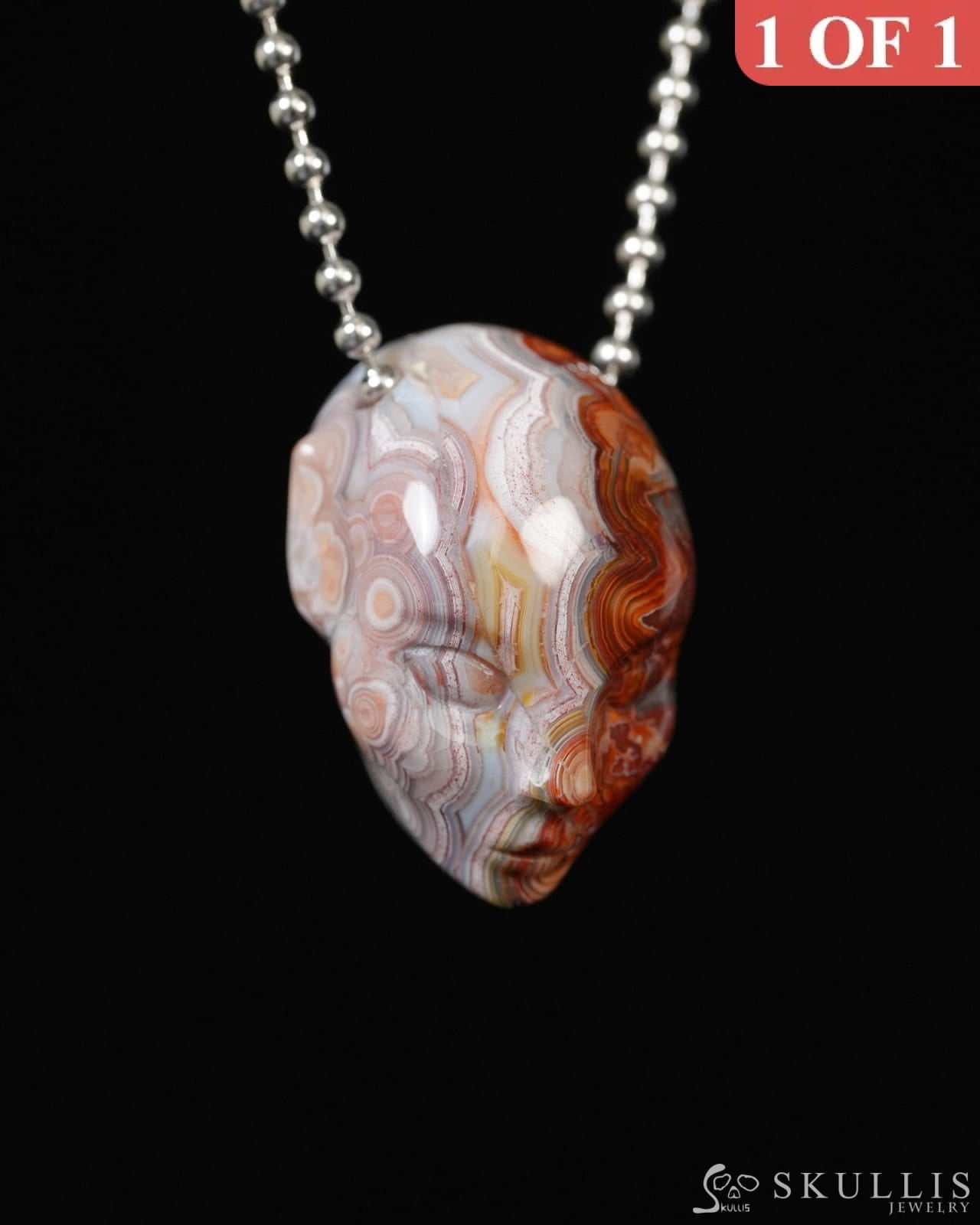 Hollow Essence - Gem Skull Pendant Necklace of Red Crazy Lace Agate Carved Hollow Elf - ZR19900282 - Skull Pendants
