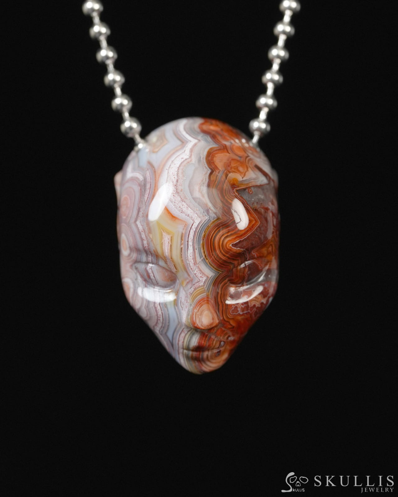Hollow Essence - Gem Skull Pendant Necklace of Red Crazy Lace Agate Carved Hollow Elf - ZR19900282 - Skull Pendants