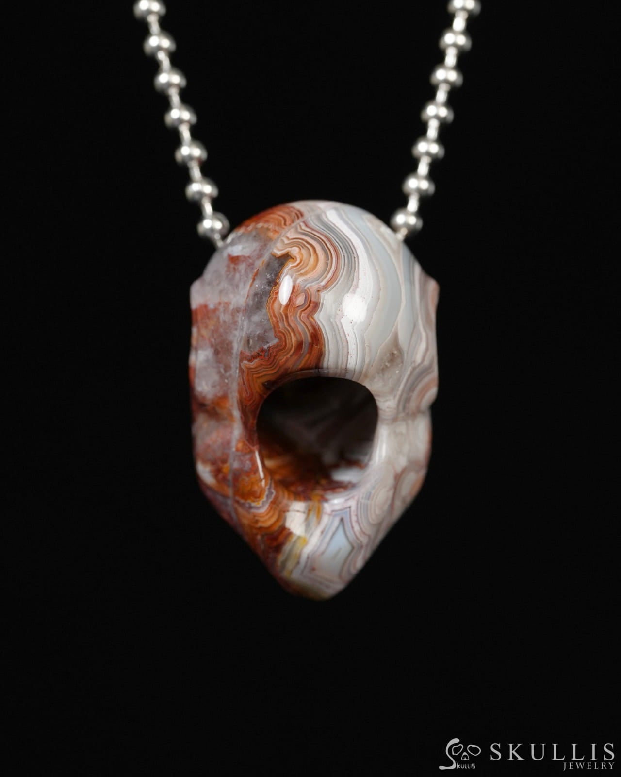 Hollow Essence - Gem Skull Pendant Necklace of Red Crazy Lace Agate Carved Hollow Elf - ZR19900282 - Skull Pendants
