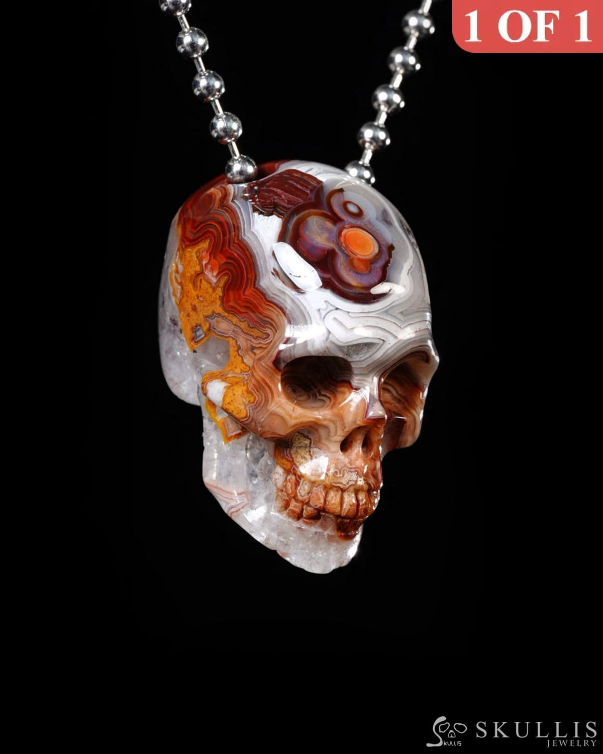 Hollow Essence - Gem Skull Pendant Necklace of Red Crazy Lace Agate Carved Hollow Skull - Y9500455 - Skull Pendants