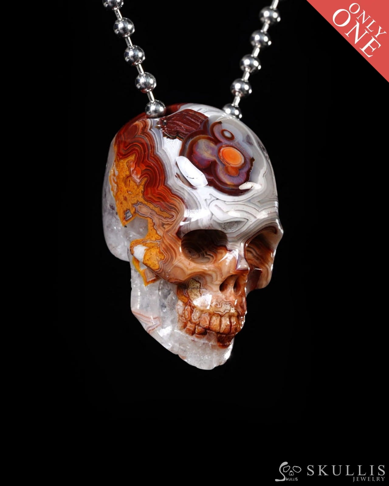 Hollow Essence - Gem Skull Pendant Necklace of Red Crazy Lace Agate Carved Hollow Skull - Y9500455 - Skull Pendants