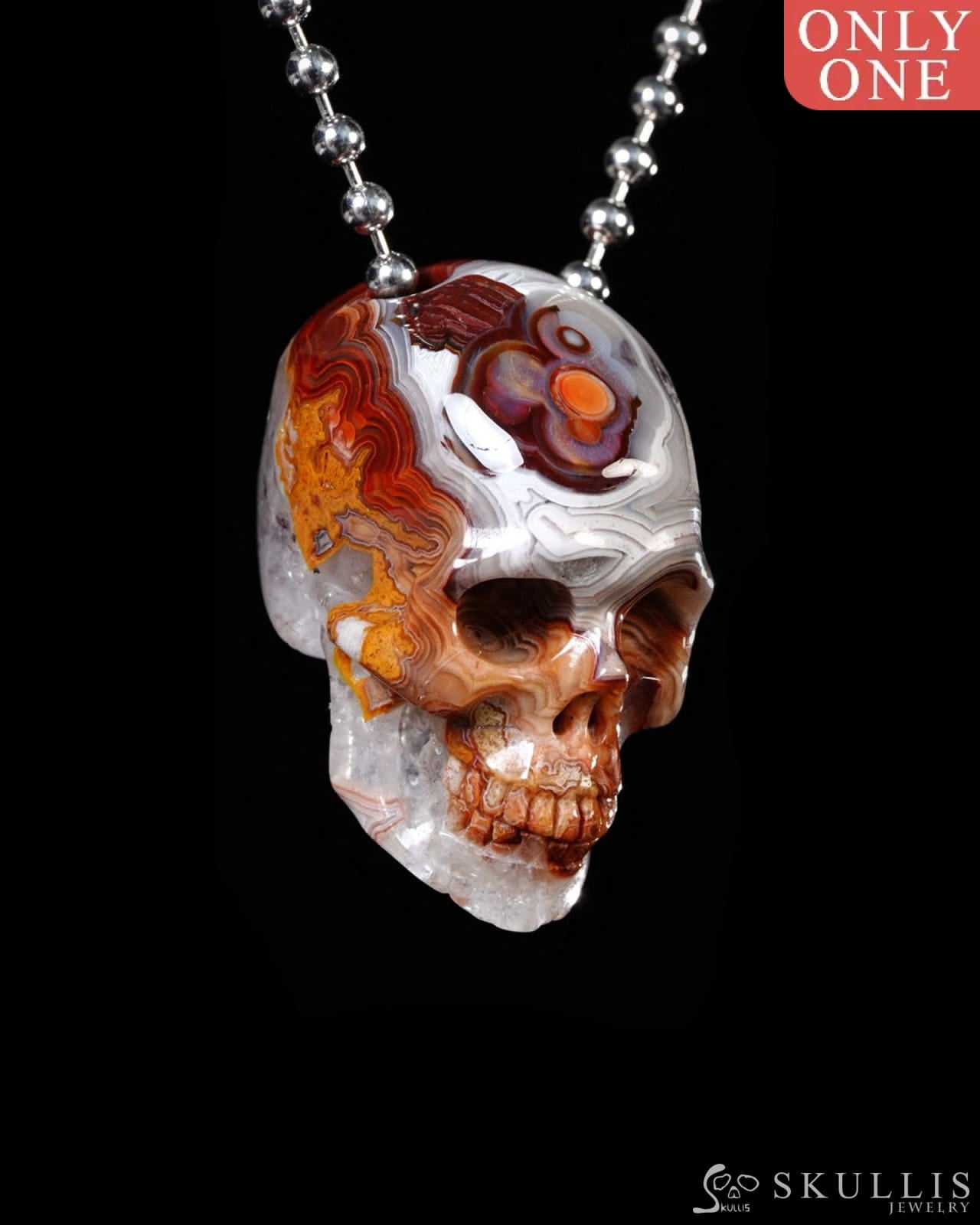 Hollow Essence - Gem Skull Pendant Necklace of Red Crazy Lace Agate Carved Hollow Skull - Y9500455 - Skull Pendants
