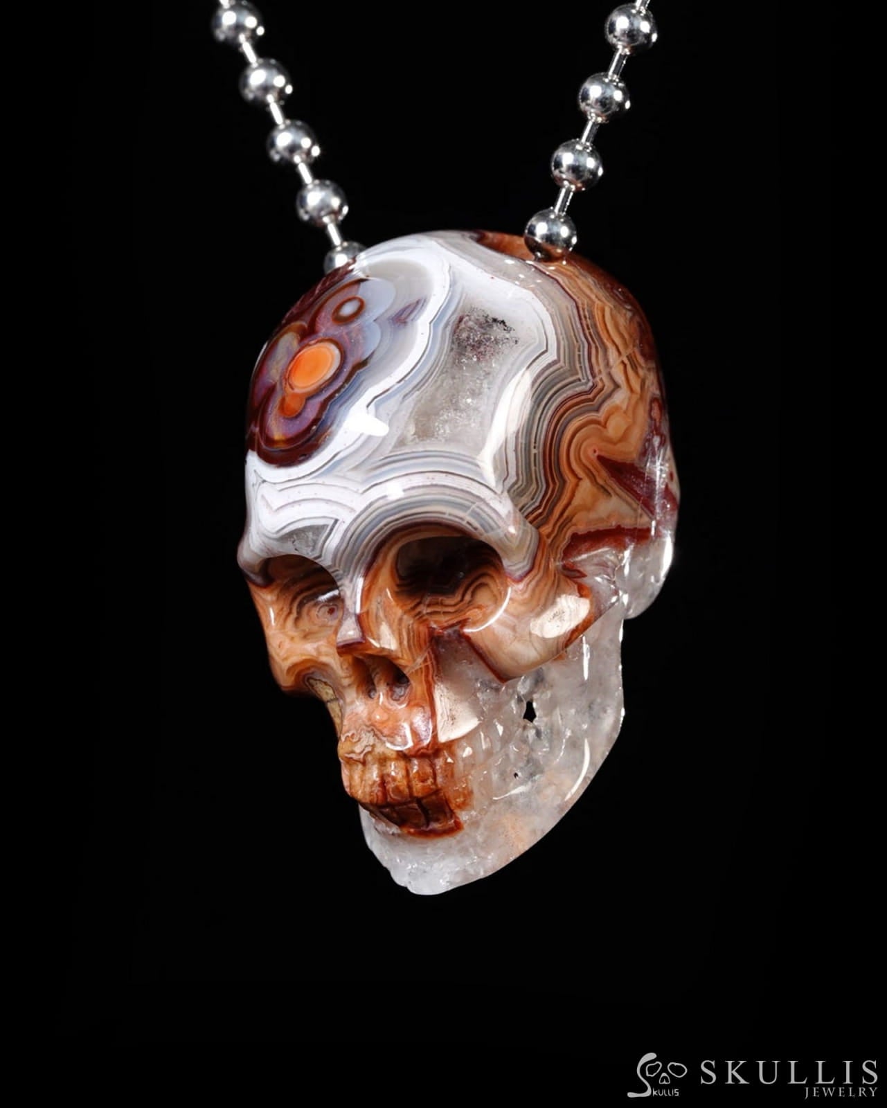 Hollow Essence - Gem Skull Pendant Necklace of Red Crazy Lace Agate Carved Hollow Skull - Y9500455 - Skull Pendants