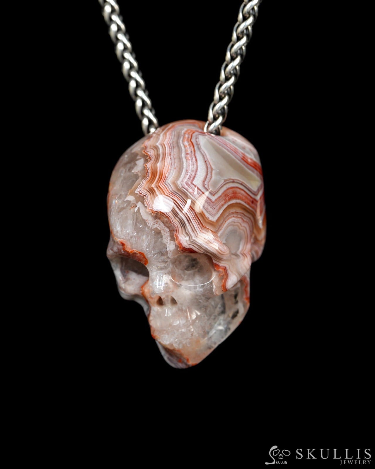 Hollow Essence - Gem Skull Pendant Necklace of Red Crazy Lace Agate Carved Hollow Skull - Y9900327 - Skull Pendants