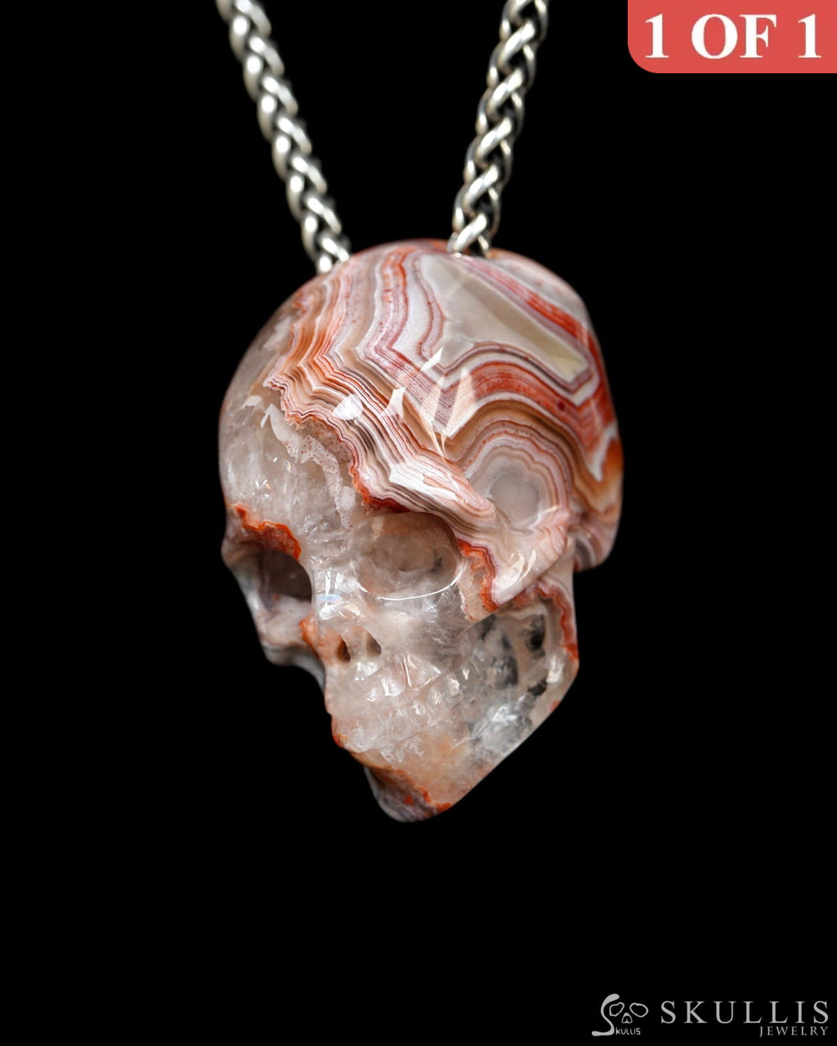 Hollow Essence - Gem Skull Pendant Necklace of Red Crazy Lace Agate Carved Hollow Skull - Y9900327 - Skull Pendants
