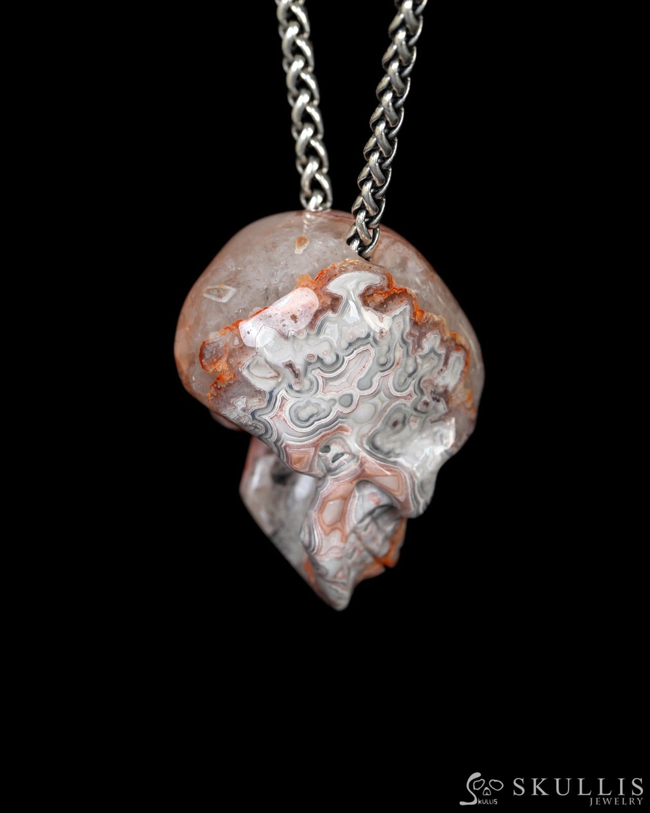 Hollow Essence - Gem Skull Pendant Necklace of Red Crazy Lace Agate Carved Hollow Skull - Y9900327 - Skull Pendants