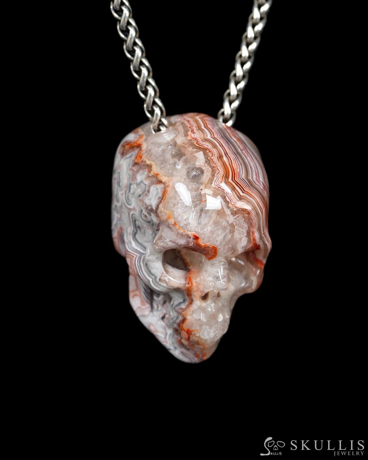 Hollow Essence - Gem Skull Pendant Necklace of Red Crazy Lace Agate Carved Hollow Skull - Y9900327 - Skull Pendants