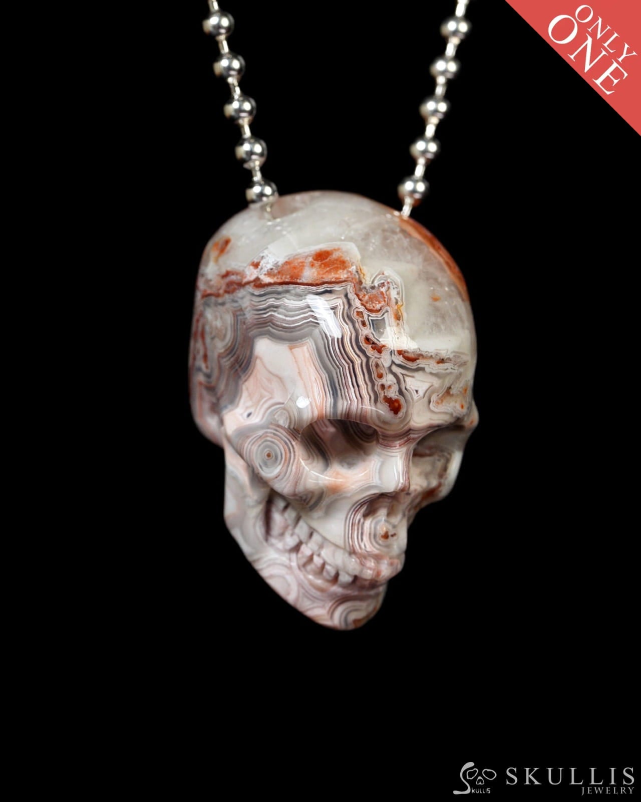 Hollow Essence - Gem Skull Pendant Necklace of Red Crazy Lace Agate Carved Hollow Skull - Y9900328 - Skull Pendants