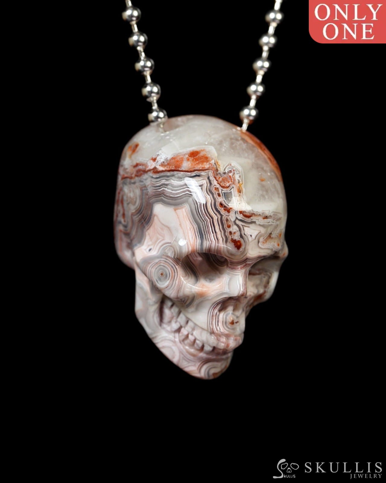 Hollow Essence - Gem Skull Pendant Necklace of Red Crazy Lace Agate Carved Hollow Skull - Y9900328 - Skull Pendants