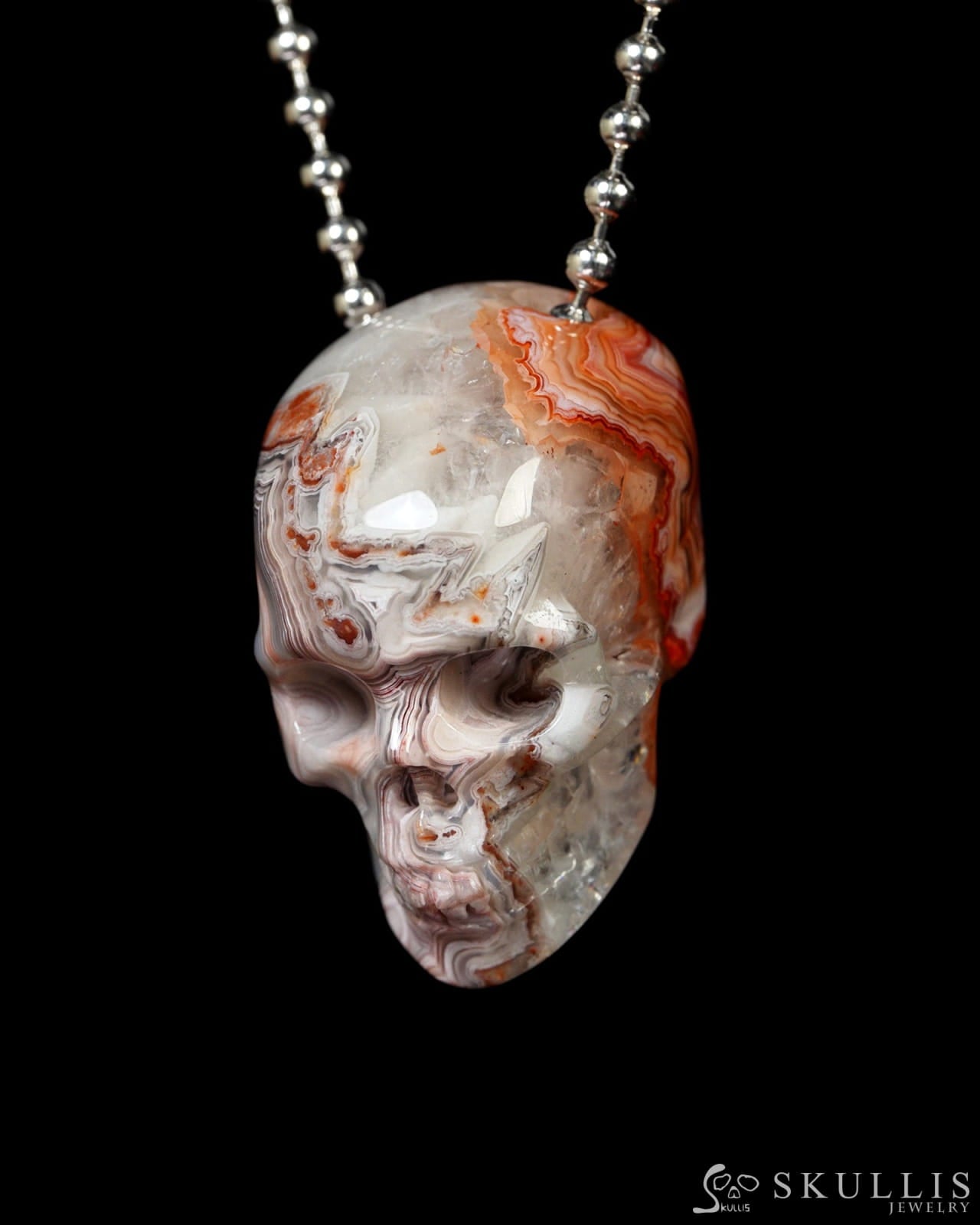 Hollow Essence - Gem Skull Pendant Necklace of Red Crazy Lace Agate Carved Hollow Skull - Y9900328 - Skull Pendants