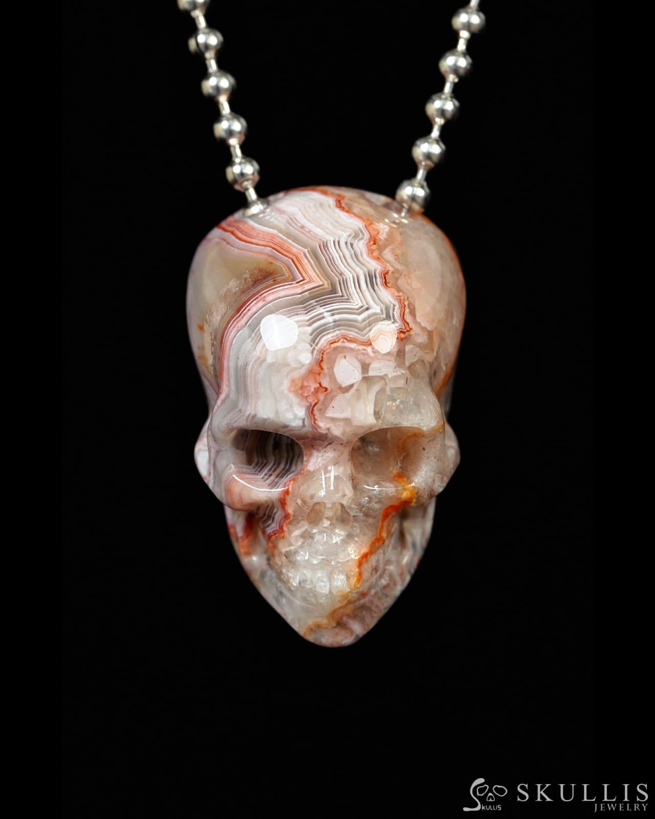 Hollow Essence - Gem Skull Pendant Necklace of Red Crazy Lace Agate Carved Hollow Skull - Y9900330 - Skull Pendants