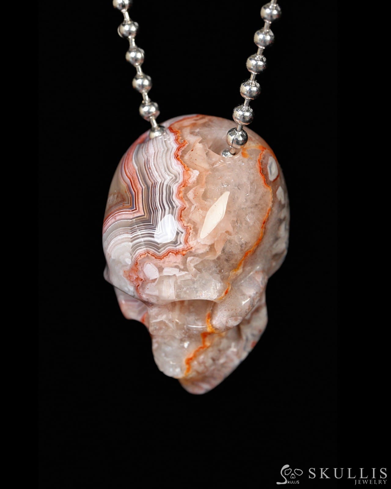 Hollow Essence - Gem Skull Pendant Necklace of Red Crazy Lace Agate Carved Hollow Skull - Y9900330 - Skull Pendants