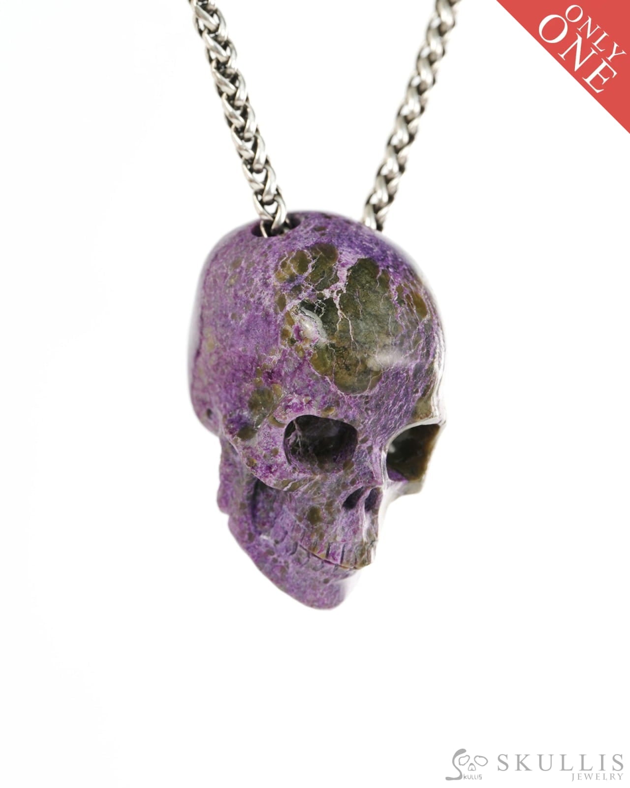 Hollow Essence - Gem Skull Pendant Necklace of Stichtite and Serpentine Carved Hollow Skull - 9900426 - Skull Pendants