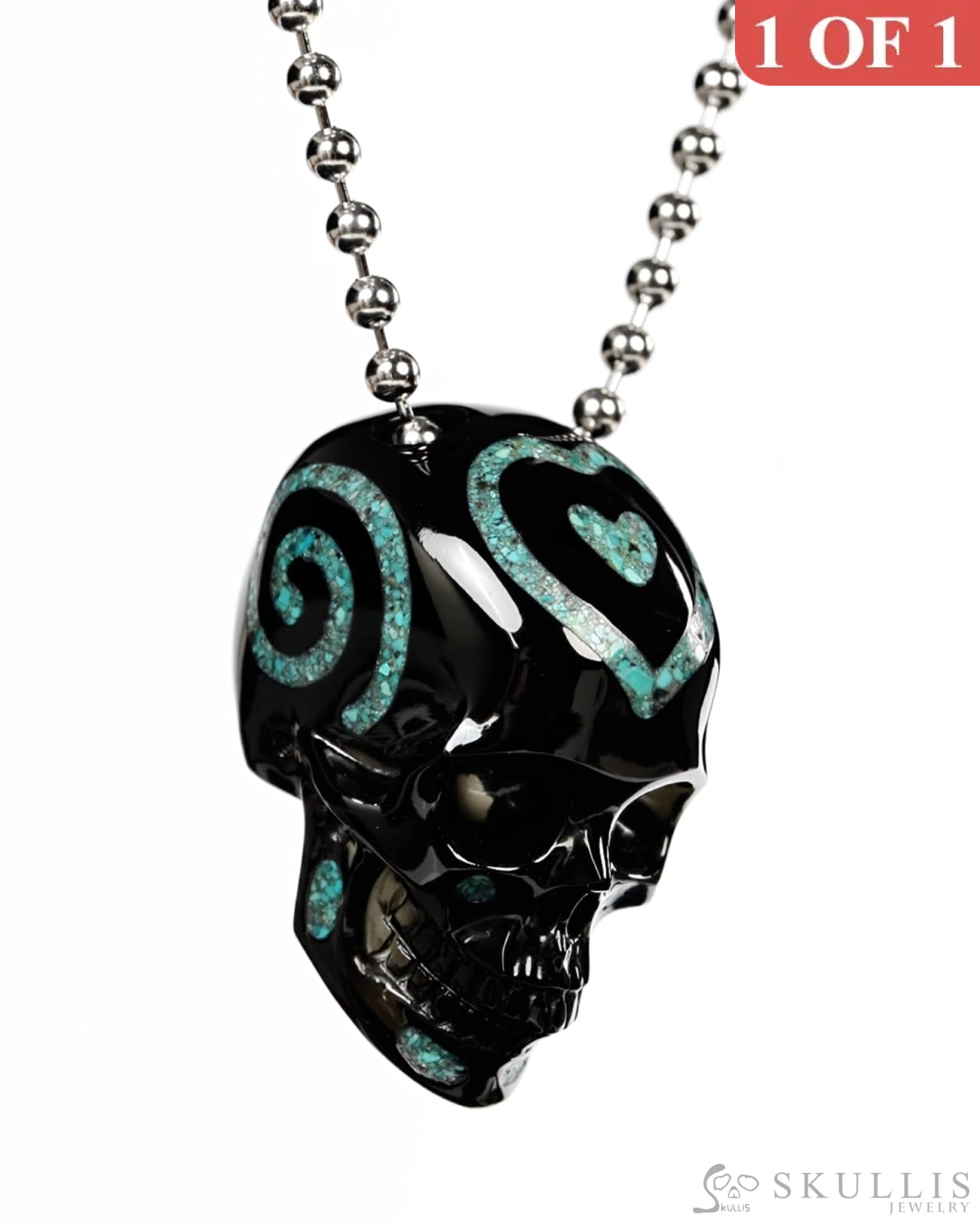 Gem Skull Pendant Necklace of Black Obsidian & Turquoise Inlay Carved Hollow Skull with 925 Sterling Silver Chain