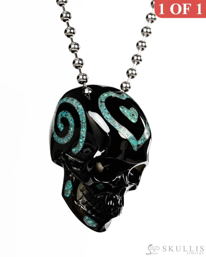 Gem Skull Pendant Necklace of Black Obsidian & Turquoise Inlay Carved Hollow Skull with 925 Sterling Silver Chain