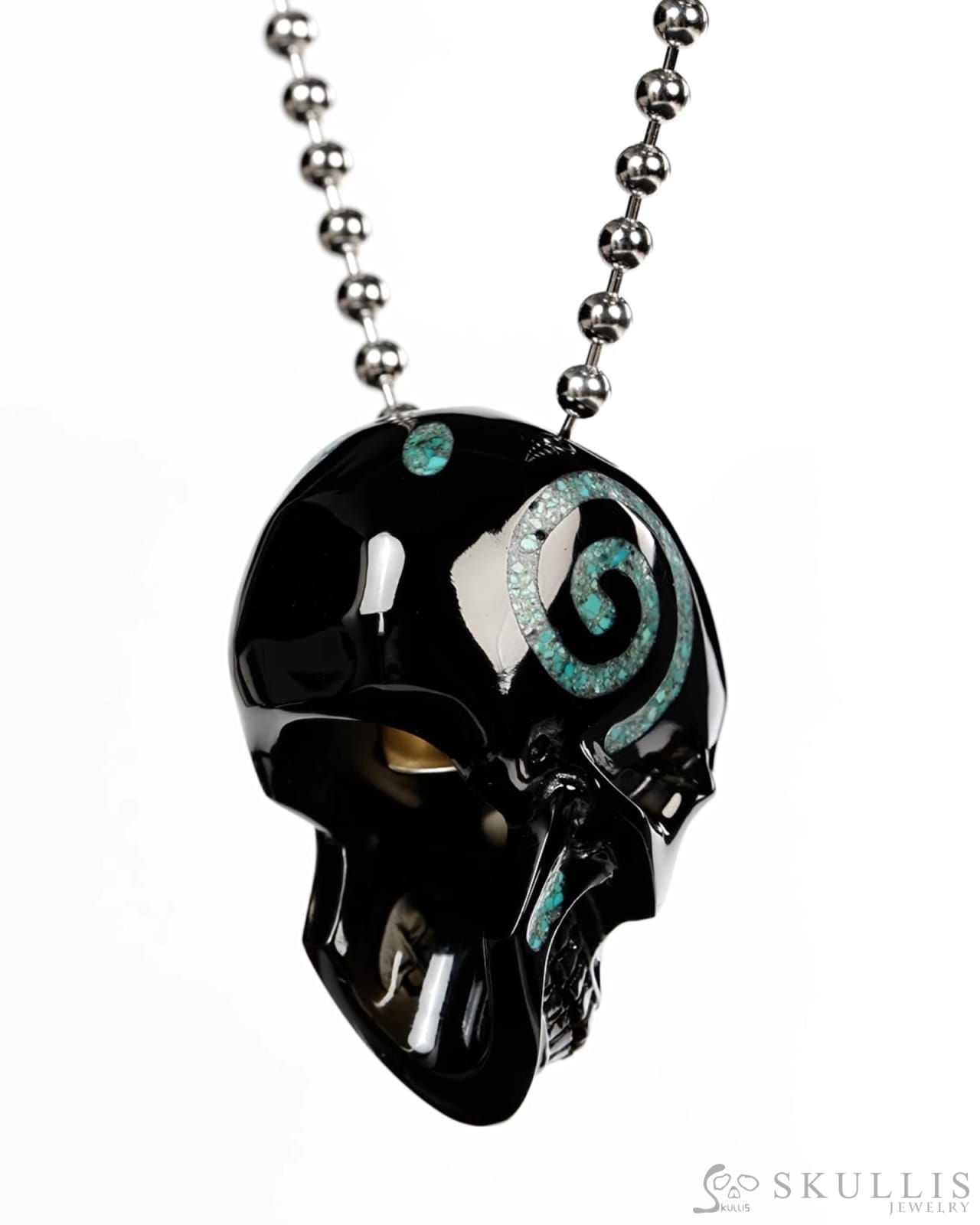 Gem Skull Pendant Necklace of Black Obsidian & Turquoise Inlay Carved Hollow Skull with 925 Sterling Silver Chain