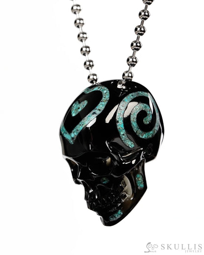 Gem Skull Pendant Necklace of Black Obsidian & Turquoise Inlay Carved Hollow Skull with 925 Sterling Silver Chain