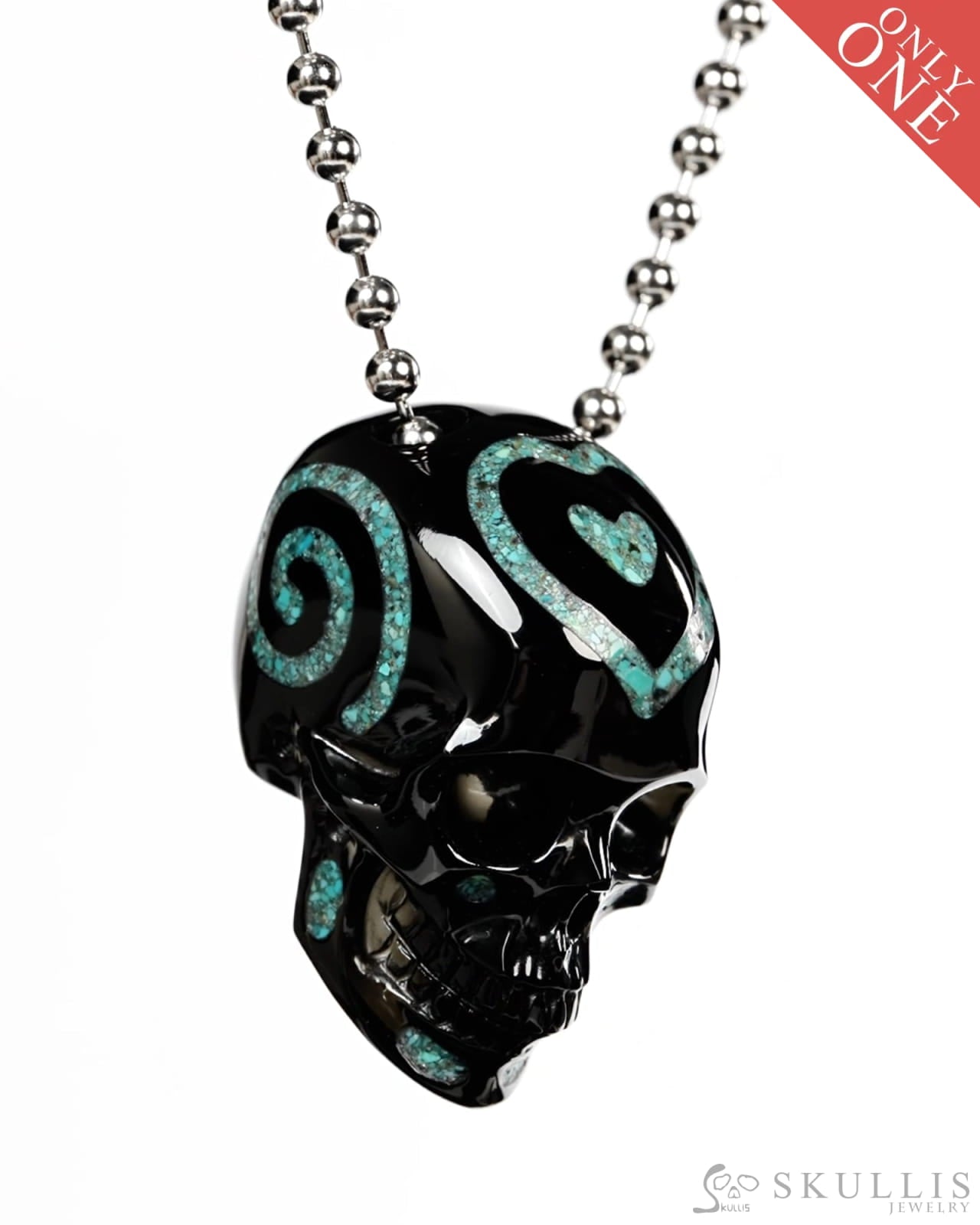 Gem Skull Pendant Necklace of Black Obsidian & Turquoise Inlay Carved Hollow Skull with 925 Sterling Silver Chain