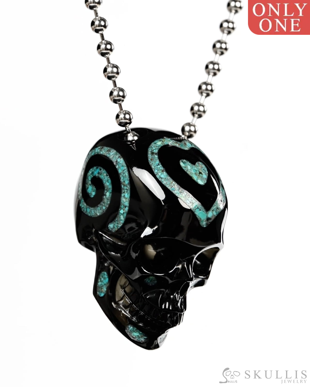 Gem Skull Pendant Necklace of Black Obsidian & Turquoise Inlay Carved Hollow Skull with 925 Sterling Silver Chain