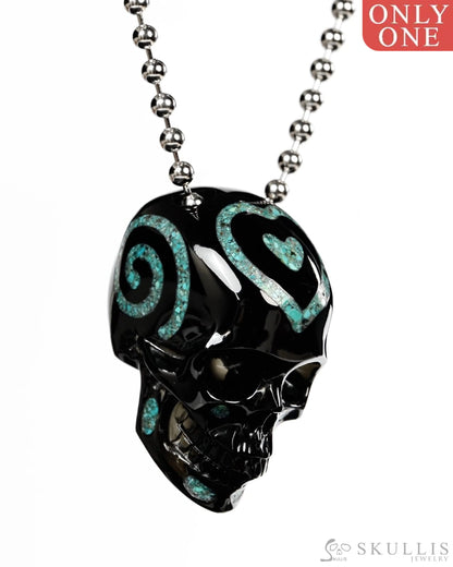 Gem Skull Pendant Necklace of Black Obsidian & Turquoise Inlay Carved Hollow Skull with 925 Sterling Silver Chain