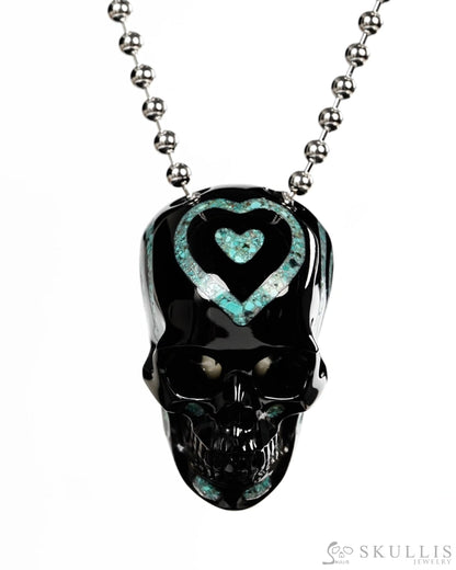 Gem Skull Pendant Necklace of Black Obsidian & Turquoise Inlay Carved Hollow Skull with 925 Sterling Silver Chain