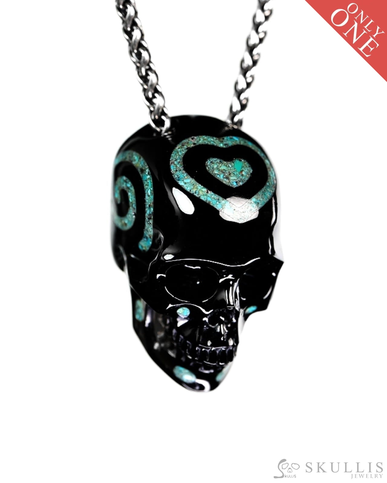 Ink & Sea - Gem Skull Pendant Necklace of Black Obsidian & Turquoise Inlaid Carved Hollow Skull - 9900459 - Skull