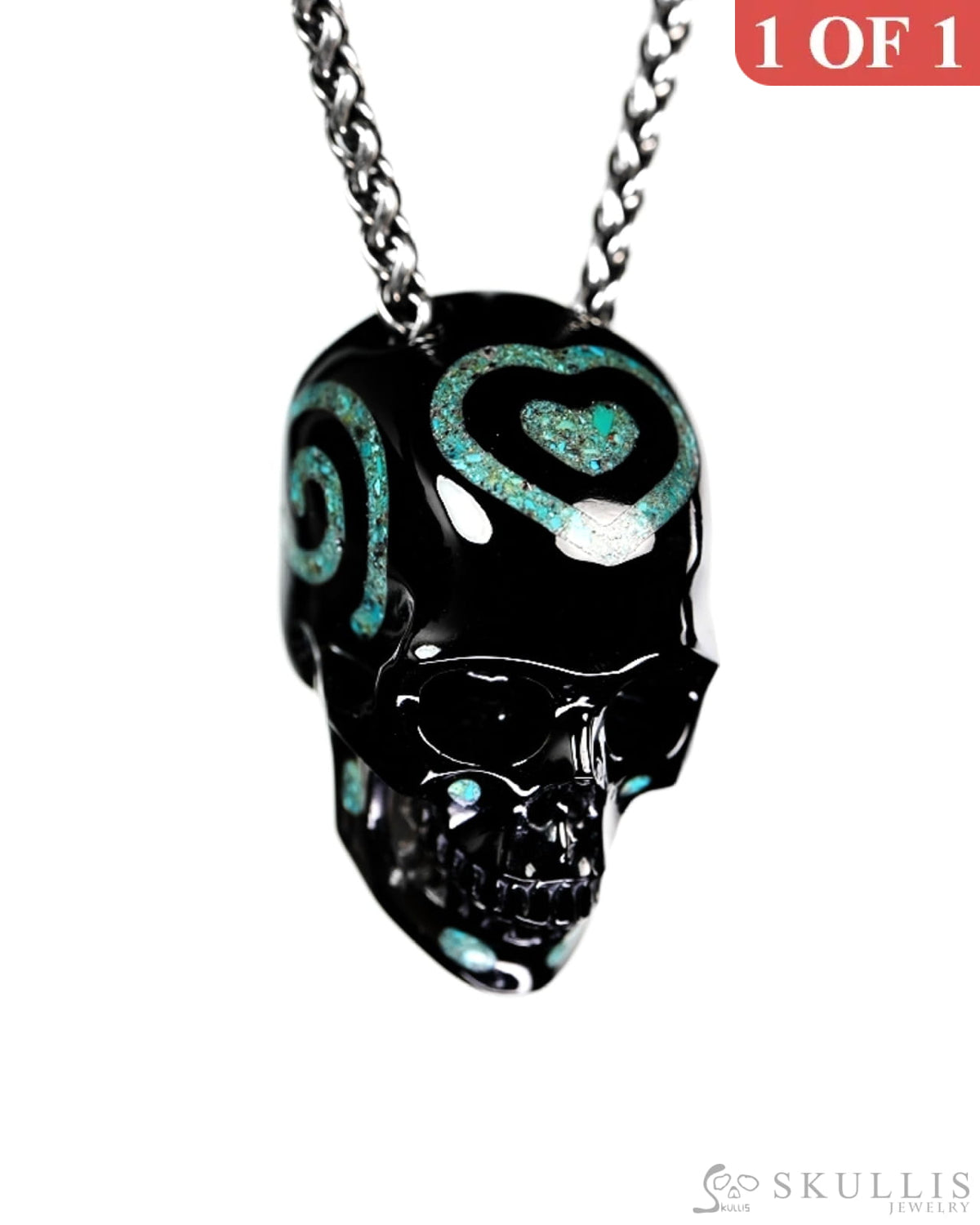 Ink & Sea - Gem Skull Pendant Necklace of Black Obsidian & Turquoise Inlaid Carved Hollow Skull - 9900459 - Skull