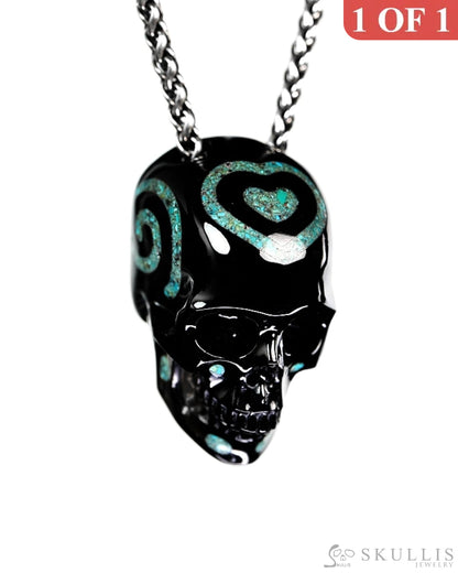 Ink & Sea - Gem Skull Pendant Necklace of Black Obsidian & Turquoise Inlaid Carved Hollow Skull - 9900459 - Skull