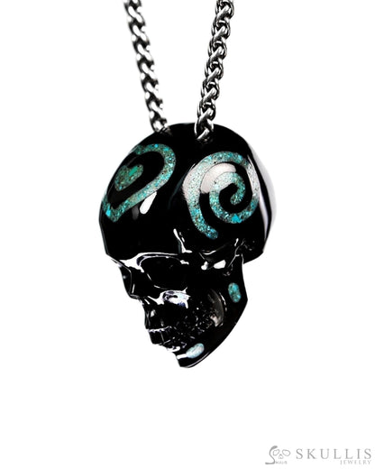 Ink & Sea - Gem Skull Pendant Necklace of Black Obsidian & Turquoise Inlaid Carved Hollow Skull - 9900459 - Skull