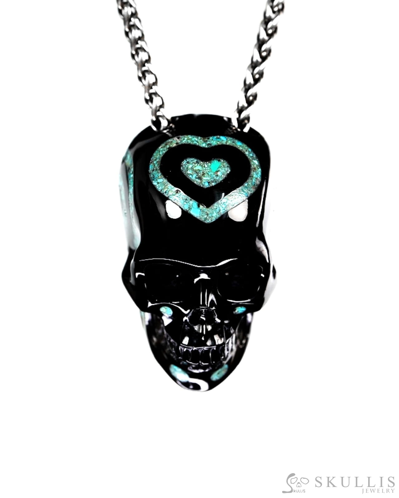 Ink & Sea - Gem Skull Pendant Necklace of Black Obsidian & Turquoise Inlaid Carved Hollow Skull - 9900459 - Skull